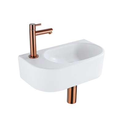 Fugaflow Efficiente Pietra Fonteinset - 40x21.5x12cm - links - glad - halfrond - 1 kraangat - keramiek - fonteinkraan geborsteld koper - afvoerplug - verlaagd sifon - wit mat