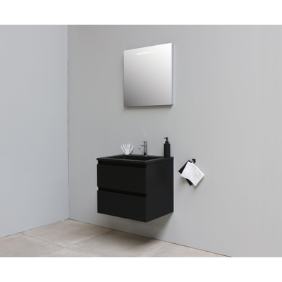 Basic Bella Meuble salle de bains avec lavabo acrylique Noir 60x55x46cm 1 trou de robinet avec miroir et éclairage Noir mat