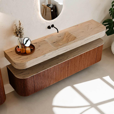 MONDIAZ THOR-DLUX Meuble de salle de bains - 190cm - arrondi gauche + droite - couleur Ruby - 2 tiroirs et 2 portes - Vasque suspendue CLOUD Milieu sans trou de robinet couleur Arena