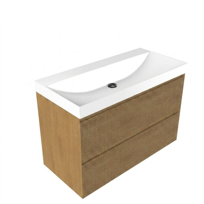 Saniclass Holz Atelier Ensemble meuble de salle de bains - 100x45x67.5cm - Wave lavabo en céramique - 1 vasque - sans trou de robinet - 2 tiroirs - chêne natural mat (bois)