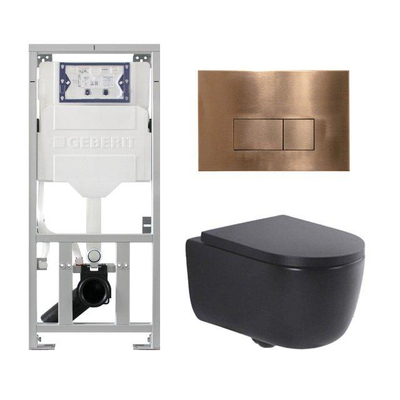 QeramiQ Dely Swirl Toiletset - 36.3x51.7cm - Geberit UP320 inbouwreservoir - met Burda frame - 35mm zitting - koperen bedieningsplaat - rechthoekige knoppen - mat zwart