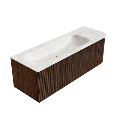 MONDIAZ KURVE-DLUX 135cm Meuble salle de bain avec module 25 D - couleur Walnut - 1 tiroir - 1 porte - vasque BIG MEDIUM gauche - 1 trou de robinet - couleur Ostra