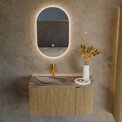 MONDIAZ KURVE-DLUX 85cm badmeubel ronding Rechts kleur Dusk met 1 lade en 1 deur. Wastafel CLOUD Links 1 kraangat Sombra.