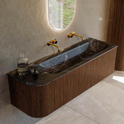 MONDIAZ KURVE-DLUX meuble de salle de bains 145cm avec module 25 L couleur Walnut avec 1 tiroir et 1 porte. Lavabo BIG LARGE à droite sans trou de robinetterie couleur Lava.