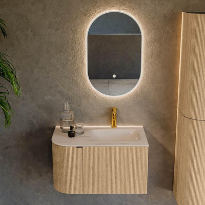 MONDIAZ KURVE-DLUX meuble de salle de bains 75cm arrondi à gauche couleur chêne avec 1 tiroir et 1 porte. Lavabo GRUNNE à droite 1 trou de robinet Meli.