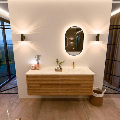 Mondiaz CIRO-DLUX Meuble de salle de bains - 150x45x50cm - Plan vasque solid surface Opalo - 1 vasque à droite - 1 trou de robinet - 4 tiroirs - Chêne