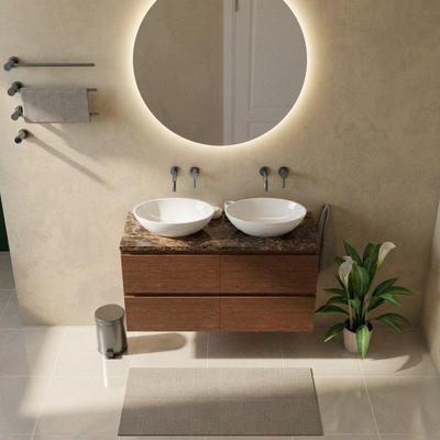 Saniclass Holz Pure Ensemble de meubles de salle de bains - 120x45x63cm - Plan de toilette en pierre naturelle Noche dark emperador - sans trou de robinet - 4 tiroirs - mat walnut pure (bois)