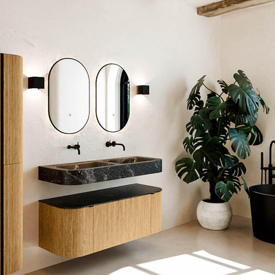 MONDIAZ THOR-DLUX 120cm meuble de salle de bains arrondi gauche + droite couleur Oak avec 1 tiroir et 2 portes. Vasque suspendue CLOUD Double sans trou de robinet couleur Lava.