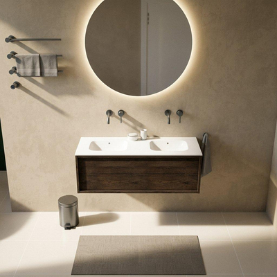 Saniclass Holz Frame Ensemble de meubles de salle de bains - 120x45x41.5cm - Flow lavabo en solid surface blanc - 2 vasques - sans trous de robinetterie - 1 tiroir - chêne charcoal mat (bois)
