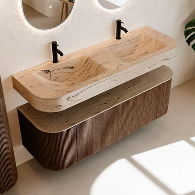 MONDIAZ THOR-DLUX 140cm meuble de salle de bains arrondi gauche + droite couleur Walnut avec 1 tiroir et 2 portes. Vasque suspendue CLOUD Double 2 trous de robinet couleur Arena.