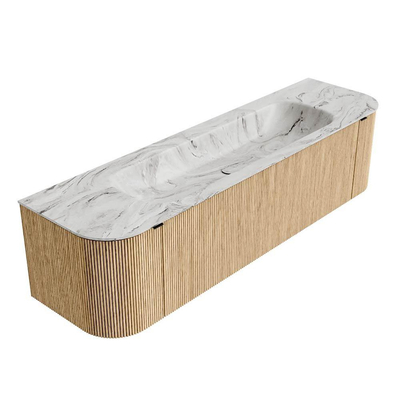 MONDIAZ KURVE-DLUX 170cm badmeubel met module 25 Len R kleur Oak met 1 lade en 2 deuren. Wastafel BIG LARGE midden zonder kraangat kleur Glace.