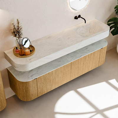 MONDIAZ THOR-DLUX 180cm meuble de salle de bains arrondi gauche + droite couleur Oak avec 2 tiroirs et 2 portes. Vasque suspendue CLOUD Droite sans trou de robinet couleur Opalo.