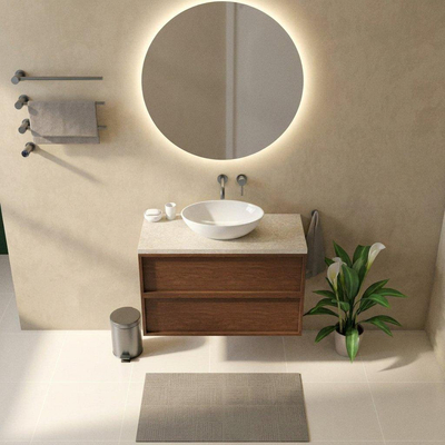 Saniclass Holz Frame Ensemble de meubles de salle de bains - 100x45x63cm - Plan en pierre naturelle travertin - sans trou de robinet - 2 tiroirs - walnut pure mat (bois)