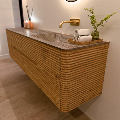 Mondiaz CIRO-DLUX Ensemble de meubles de salle de bains - 180x45x50cm - Plan vasque solid surface Sombra - 1 lavabo à droite - sans trous de robinet - 4 tiroirs - Chêne