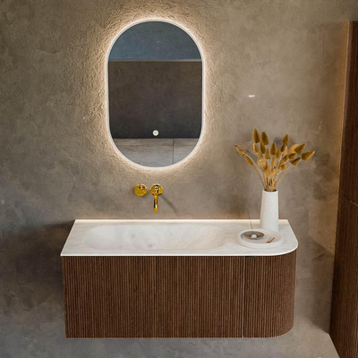 MONDIAZ KURVE-DLUX meuble de salle de bains 105cm avec module 25 R couleur Walnut avec 1 tiroir et 1 porte. Plan vasque BIG SMALL gauche sans trou de robinet couleur Opalo.