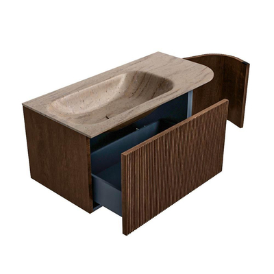 MONDIAZ KURVE-DLUX Meuble de salle de bains 95cm courbure Droite couleur Walnut avec 1 tiroir et 1 porte. Lavabo BIG SMALL Gauche 1 trou de robinet Saba.