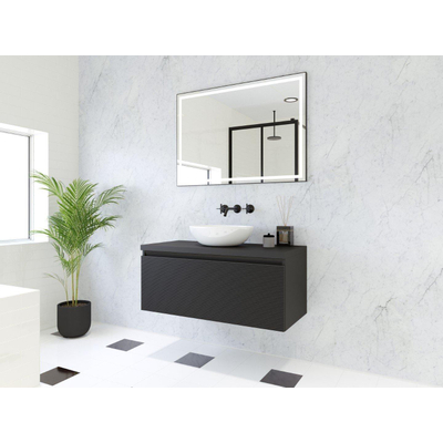 HR Matrix ensemble de meubles de salle de bain 3d 100cm 1 tiroir sans poignée avec bandeau couleur noir mat avec dessus noir mat