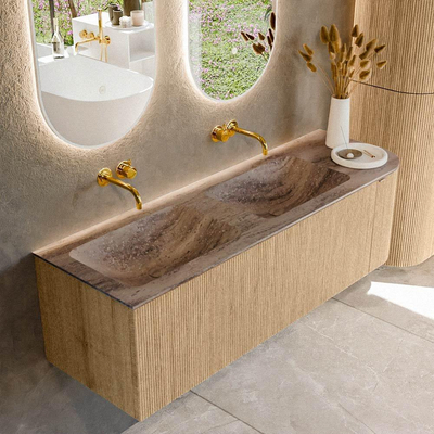 MONDIAZ KURVE-DLUX meuble de salle de bains 145cm arrondi à droite couleur Oak avec 1 tiroir et 1 porte. Lavabo LEAF double / gauche sans trou de robinet Oza.
