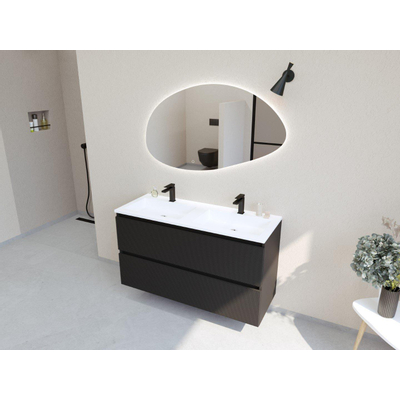 HR Infinity XXL ensemble de meubles de salle de bain 3d 120 cm 2 lavabos en céramique blanc mat 2 trous de robinetterie 2 tiroirs noir mat