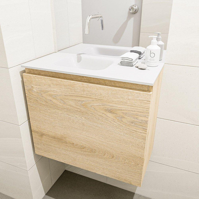 MONDIAZ OLAN Fonteinset - 60x30x40cm - 0 kraangaten - 1 lade - washed oak mat - wasbak links - Solid Surface Wit