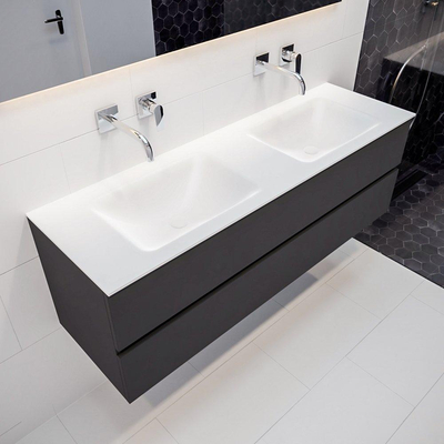 MONDIAZ VICA Ensemble de meuble salle de bain - 150cm - 2 tiroirs - lavabo Cloud double - 0 trous de robinet - solid surface gris foncé