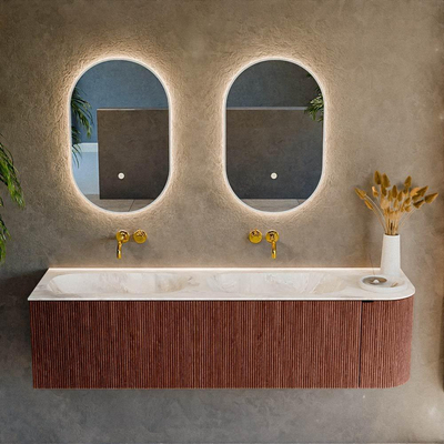 Mondiaz KURVE-DLUX Ensemble de meuble salle de bain - 165x46x40cm - 2 tiroirs - 1 porte - lavabo en solid surface - double / gauche - sans trou de robinet - Ruby