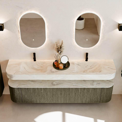 MONDIAZ THOR-DLUX 200cm meuble de salle de bains arrondi gauche + droite couleur Shadow avec 2 tiroirs et 2 portes. Vasque suspendue CLOUD Double 2 trous de robinet couleur Ostra.