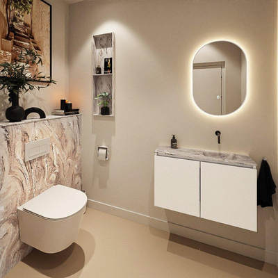 MONDIAZ TURE-DLUX Meuble toilette - 80cm - Talc - EDEN - vasque Glace - position droite - sans trou de robinet