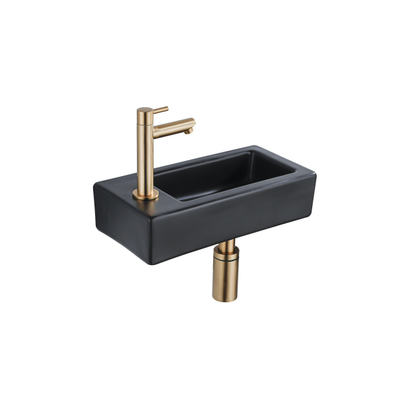 QeramiQ Lave-mains Kit lave-mains - 37.5x18.5x9cm - céramique - trou de robinet gauche - robinet lave-mains en laiton brossé - bonde de vidage - siphon abaissé - Mat Noir