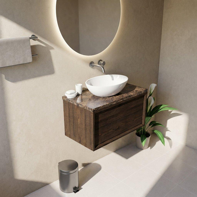 Saniclass Holz Frame Ensemble de meubles de salle de bains - 80x45x43cm - Plan de toilette en pierre naturelle Noche dark emperador - sans trou de robinet - 1 tiroir - chêne charcoal mat (bois)