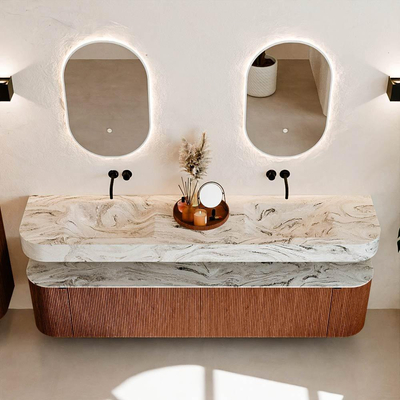 MONDIAZ THOR-DLUX 200cm meuble de salle de bains arrondi gauche + droite couleur Ruby avec 2 tiroirs et 2 portes. Vasque suspendue CLOUD Double sans trou de robinet couleur Glace.