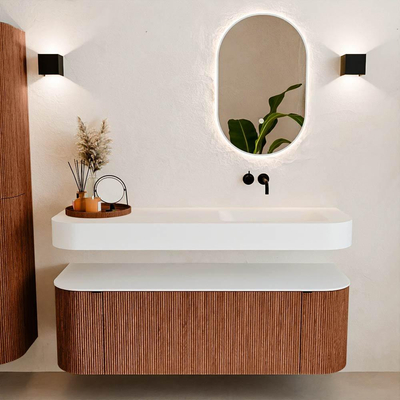 MONDIAZ THOR 140cm meuble de salle de bains arrondi gauche + droite couleur Ruby avec 1 tiroir et 2 portes. Vasque suspendue CLOUD Droite sans trou de robinet couleur Talc.