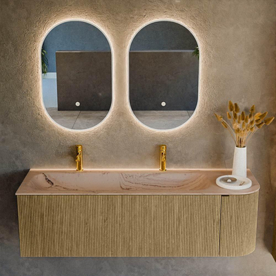 MONDIAZ KURVE-DLUX 145cm badmeubel ronding Rechts kleur Dusk met 1 lade en 1 deur. Wastafel BIG LARGE Links 2 kraangaten Arena.