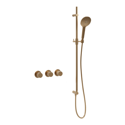 Fortifura Nebbio Badcombinatie-set - thermostaatkraan - glijstang met geïntegreerde wandaansluitbocht - gladde doucheslang - ronde handdouche - badvulcombinatie - geborsteld messing PVD (goud)