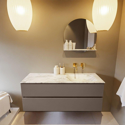 Mondiaz VICA-DLUX ensemble de meuble de salle de bain - 130cm - meuble sous-vasque fumée - 2 tiroirs - lavabo encastré nuage droite - sans trous de robinet - version haute 60cm - glace