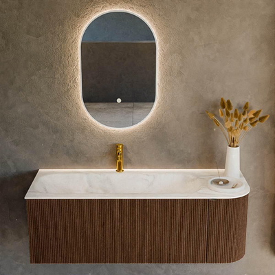 MONDIAZ KURVE-DLUX Meuble de salle de bains 125 cm avec module 25 R couleur Walnut avec 1 tiroir et 1 porte. Lavabo BIG MEDIUM gauche 1 trou de robinet couleur Ostra.