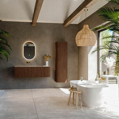 MONDIAZ KURVE-DLUX meuble de salle de bains 135cm arrondi droit couleur noyer avec 1 tiroir et 1 porte. Vasque BIG MEDIUM gauche sans trou de robinet Oza.
