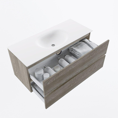 Mondiaz VICA ensemble de meuble de salle de bain - 110cm - meuble sous-vasque marron clair gris - 2 tiroirs - lavabo lune milieu - sans trous de robinet - version haute de 60cm - talc