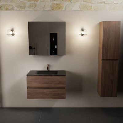 Mondiaz AIVY Ensemble de meuble - 80x45x50cm - 1 trou de robinet - 1 vasque Urban Solid surface - Centre - 2 tiroirs - avec miroir - Melamine Mocha