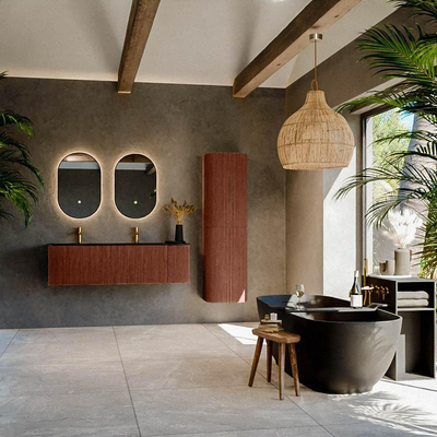 Mondiaz KURVE Ensemble de meuble - 145x46x40cm - 1 tiroir - 1 porte - lavabo en solid surface - double / gauche - 2 trous de robinet - Ruby