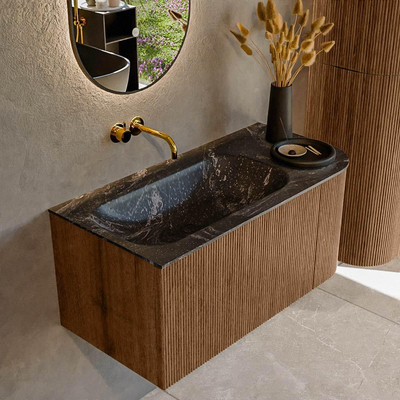 MONDIAZ KURVE-DLUX 95cm Meuble salle de bain avec module 25 D - couleur Walnut - 1 tiroir - 1 porte - vasque BIG SMALL gauche - sans trou de robinet - couleur Lava