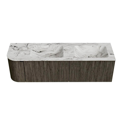 Mondiaz KURVE-DLUX Badkamermeubelset - 155x46x40cm - 2 lade - 1 deur - wastafel solid surface - dubbel / rechts - 2 kraangaten - Shadow