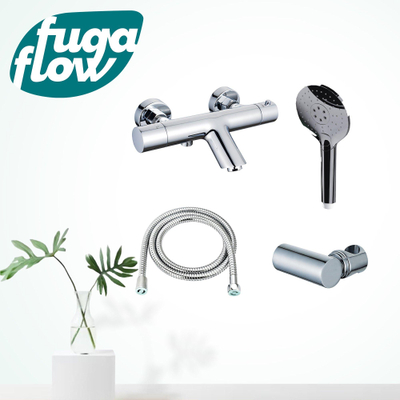 FugaFlow Eccelente Sobrado Badkamer Thermostatische badkraan met ronde handdouche, handdouchehouder en metalen doucheslang chroom
