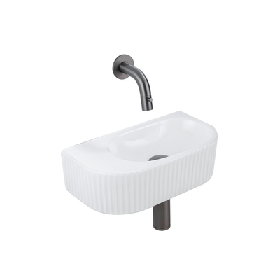 QeramiQ Fuente pack lave-mains – demi-rond – 40 x 21,5 x 12 cm – céramique blanc brillant – robinet gunmetal – cannelé