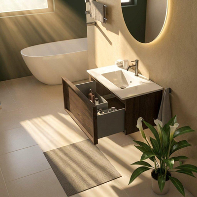 Saniclass Holz Frame Ensemble de meubles de salle de bains - 80x45x42cm - Lavabo Vygo en céramique blanc - 1 vasque - 1 trou de robinetterie - 1 tiroir - chêne charcoal mat (bois)