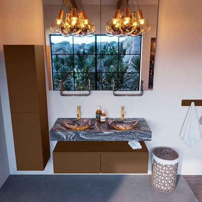 Mondiaz ALAN-DLUX Ensemble de meuble - 120cm - meuble Rust mat - 2 tiroirs - Lavabo Cloud Lava suspendu - vasque Gauche et droite - 2 trous de robinet