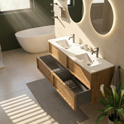 Saniclass Holz Frame Ensemble de meubles de salle de bains - 160x45x62cm - Vasque Vygo en céramique blanche - 2 lavabos - 2 trous de robinetterie - 4 tiroirs - chêne natural mat (bois)
