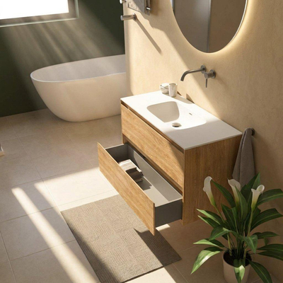 Saniclass Holz Pure Ensemble meuble de salle de bains - 100x45x61.5cm - lavabo Flow en solid surface blanc - 1 vasque - sans trou de robinet - 2 tiroirs - chêne natural mat (bois)