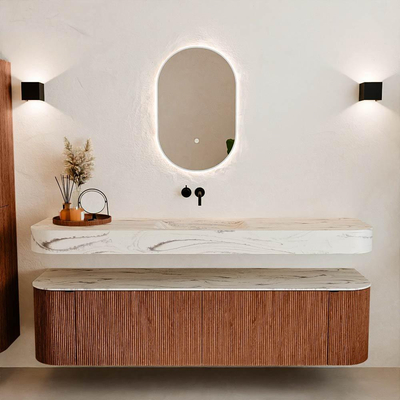 MONDIAZ THOR-DLUX Meuble de salle de bains - 180cm - arrondi gauche + droite - couleur Ruby - 2 tiroirs et 2 portes - Vasque suspendue CLOUD Milieu sans trou de robinet - couleur Nata