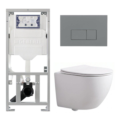 Pack WC QeramiQ Dely Swirl Compact - réservoir encastrable Geberit UP320 - avec bâti-support Burda - abattant slim - plaque de commande en plastique gris clair - boutons rectangulaires - blanc mat